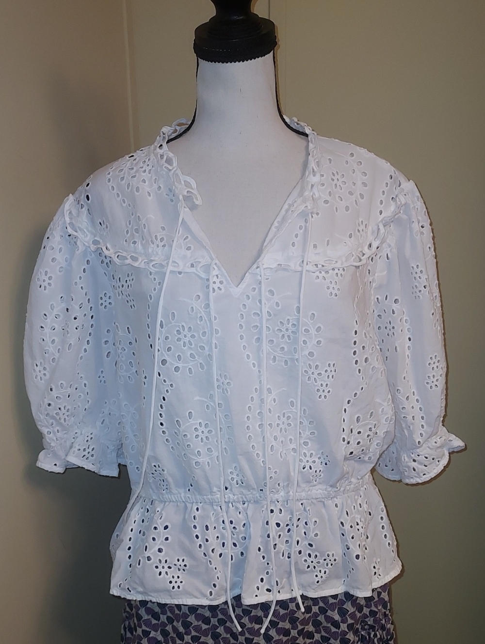 White Eyelet Tie-Front Peplum Blouse - Women Tops